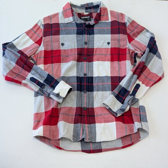Express Red Plaid Flannel Button Down Shirt Size Medium - Picture 1 of 7